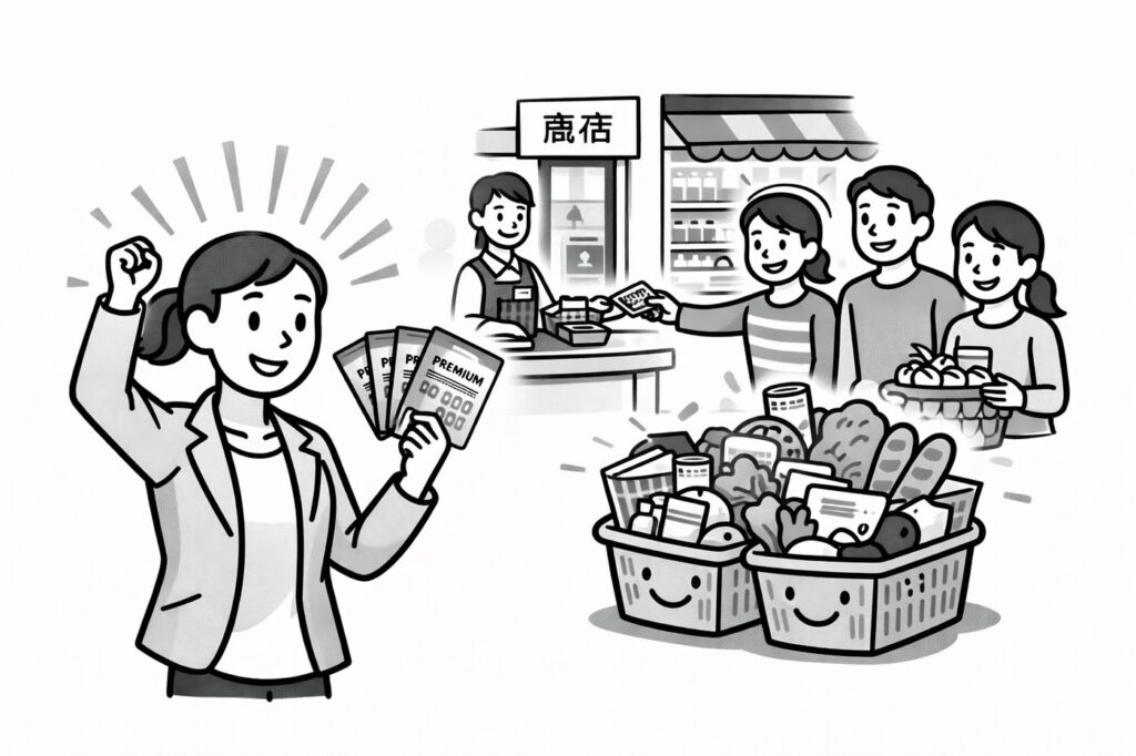 物価高にも 負けないぞ 鈴木かずこの 応援歌 プレミアム付き 商品券 地元の商店 元気にね カゴいっぱいに 夢詰めて 笑顔あふれる 買い物だ。